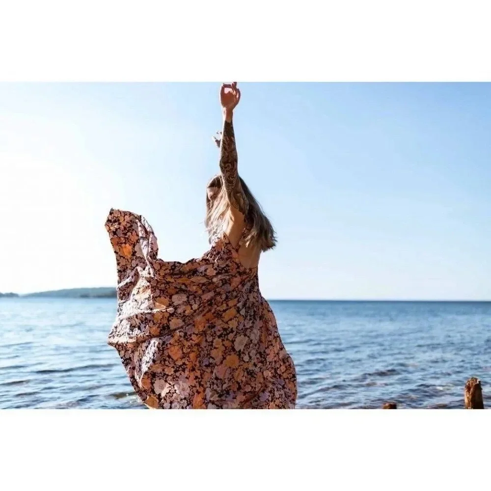 Free People Park Slope Floral Cotton Maxi Dress Navy Combo M Summer Vacation
